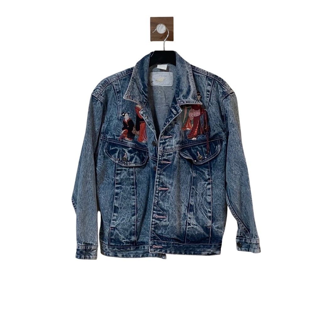 Taboo Sportswear Vintage Acid Wash‎ Denim Jacket Geisha Appliques Size S